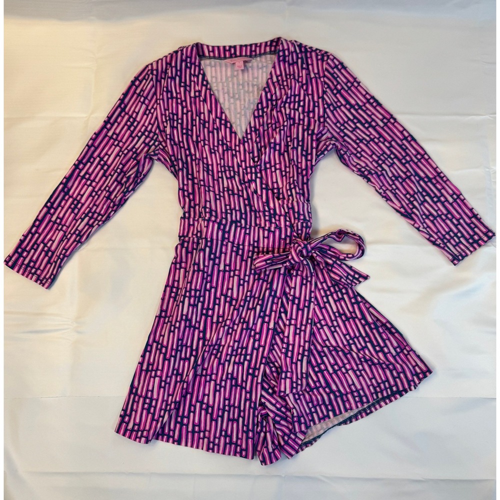 Lilly Pulitzer Pink Purple Geometric Print Wrap Front Long Sleeve Romper EUC - S